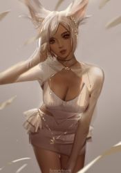 Rule 34 | 1girl, absurdres, animal ears, blurry, blurry foreground, breasts, brown eyes, choker, cleavage, cleavage cutout, clothing cutout, dark-skinned female, dark skin, highres, large breasts, leaning forward, lips, looking at viewer, mahoushani, original, short hair, simple background, solo, watermark, white hair