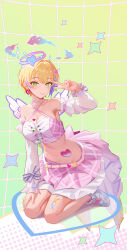 Rule 34 | 1girl, absurdres, armpits, bare legs, blonde hair, blush, breasts, choker, cleavage, collarbone, commentary request, cropped shirt, cross-laced clothes, detached sleeves, earrings, facepaint, halo, heart, heart earrings, highres, idolmaster, idolmaster cinderella girls, jewelry, looking at viewer, medium breasts, miyamoto frederica, multicolored hair, navel, pink choker, pink shirt, pink skirt, purple hair, qingli ye, shirt, shoes, short hair, sitting, skirt, sleeveless, sleeveless shirt, smile, sneakers, solo, stomach, streaked hair, v, wariza, white wings, wings