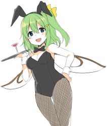 Rule 34 | 1girl, animal ears, blush, bow, breasts, cleavage, daiyousei, drink, fishnet pantyhose, fishnets, fujishiro emyu, green hair, hair ornament, hairclip, hand on own hip, leotard, md5 mismatch, pantyhose, plate, playboy bunny, rabbit ears, resized, resolution mismatch, ribbon, side ponytail, simple background, solo, source larger, touhou, wings, wrist cuffs