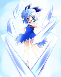 Rule 34 | 1girl, blue eyes, blue hair, bow, cirno, colorized, hair bow, looking at viewer, matching hair/eyes, open mouth, short hair, smile, solo, touhou, yume shokunin