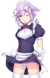 Rule 34 | 1girl, ;p, alternate costume, apron, blush, clothes lift, commentary request, cowboy shot, d-pad, d-pad hair ornament, daiaru, dress, dress lift, enmaided, gloves, hair between eyes, hair ornament, lifting own clothes, looking at viewer, maid, maid headdress, neptune (neptunia), neptune (series), one eye closed, panties, puffy short sleeves, puffy sleeves, purple eyes, purple hair, short hair, short sleeves, simple background, solo, striped clothes, striped panties, thighhighs, tongue, tongue out, underwear, waist apron, white apron, white background, white gloves
