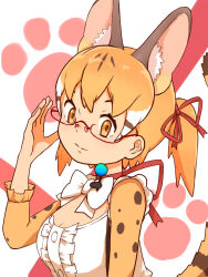 Rule 34 | 1girl, animal ears, bow, bowtie, brown eyes, brown hair, cat ears, cat girl, cat tail, extra ears, glasses, highres, kemono friends, kemono friends v project, large-spotted genet (kemono friends), long hair, looking at viewer, microphone, ribbon, shirt, simple background, solo, suspenders, tail, twintails, virtual youtuber, y0whqzz8bkslezl