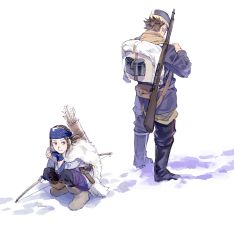 Rule 34 | 1boy, 1girl, ainu, ainu clothes, arisaka, arrow (projectile), artist name, asirpa, backpack, bag, bandana, belt, black footwear, black hair, blue bandana, blue coat, blue eyes, blue gloves, blue hairband, blue pants, bolt action, boots, bow (weapon), brown footwear, brown hair, cape, closed mouth, coat, commentary request, ear piercing, earrings, from behind, from side, full body, fur cape, gloves, golden kamuy, gun, hairband, hat, headband, highres, holding, holding bow (weapon), holding weapon, hoop earrings, imperial japanese army, jewelry, kepi, long hair, long sleeves, looking at viewer, military, military hat, military uniform, outdoors, pants, piercing, pouch, quiver, rifle, scarf, short hair, sidelocks, signature, simple background, sitting, snow, spiked hair, squatting, standing, sugimoto saichi, uniform, weapon, weapon on back, white background, white cape, yellow scarf, zifletts
