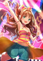 Rule 34 | 10s, 1girl, aqua eyes, arm up, armpits, bad id, bad pixiv id, bow, bracelet, breasts, brown hair, cleavage, hair bow, headset, high ponytail, highres, hino akane (idolmaster), idolmaster, idolmaster cinderella girls, jewelry, kachayori, microphone, navel, open mouth, shirt, shorts, smile, solo, striped clothes, striped shirt, sweat