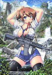Rule 34 | 1girl, abandoned, arms up, assault rifle, black thighhighs, blue eyes, blush, breasts, brown hair, building, city, gun, hase yu, large breasts, long hair, looking at viewer, mouth hold, open clothes, open shirt, original, outdoors, partially submerged, ponytail, post-apocalypse, rifle, ruins, shirt, solo, thighhighs, weapon, white shirt