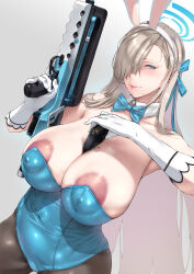 Rule 34 | 1girl, absurdres, animal ears, aqua bow, aqua bowtie, areola slip, assault rifle, asuna (blue archive), asuna (bunny) (blue archive), bare shoulders, between breasts, black pantyhose, blue archive, blue bow, blue bowtie, blue eyes, blue leotard, blush, bow, bowtie, breast slip, breasts, cleavage, collarbone, covered erect nipples, covered navel, curvy, detached collar, elbow gloves, fake animal ears, gloves, gun, hair over one eye, hairband, halo, highleg, highleg leotard, highres, holding, holding gun, holding weapon, huge breasts, large areolae, leotard, light brown hair, long hair, looking at viewer, mole, mole on breast, no bra, official alternate costume, open mouth, pantyhose, playboy bunny, rabbit ears, rifle, simple background, smile, solo, strapless, strapless leotard, thighs, traditional bowtie, very long hair, wardrobe malfunction, weapon, white gloves, white leotard, yui.h