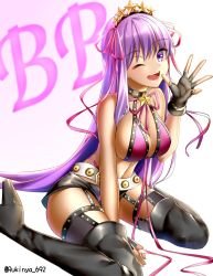 Rule 34 | 10s, 1girl, bare shoulders, bb (fate), bb (fate) (all), bb (swimsuit mooncancer) (fate), bb (swimsuit mooncancer) (second ascension) (fate), belt, bikini, black gloves, boots, breasts, cleavage, collar, commentary request, fate/extra, fate/extra ccc, fate/grand order, fate (series), gloves, gyaru, hair ribbon, highres, light purple hair, long hair, looking at viewer, micro shorts, purple eyes, ribbon, rukinya (nyanko mogumogu), shorts, smile, solo, star (symbol), swimsuit, tan, thighhighs, very long hair, waving, white background