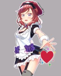 Rule 34 | 10s, 1girl, :d, apron, artist name, breasts, cleavage, cowboy shot, garter straps, grey background, heart, looking at viewer, love live!, love live! school idol project, maid, maid apron, maid headdress, mogyutto &quot;love&quot; de sekkin chuu!, nishikino maki, open mouth, outline, over-kneehighs, purple eyes, red hair, simple background, skull573, smile, solo, sukaru573, thighhighs, white outline, wristband