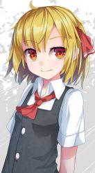 Rule 34 | 1girl, ahoge, ascot, black dress, blonde hair, closed mouth, collared shirt, commentary request, dress, fang, fang out, grey background, hair between eyes, hair ribbon, highres, red ascot, red eyes, red ribbon, ribbon, rumia, shirt, short sleeves, skin fang, sleeveless, sleeveless dress, smile, solo, touhou, two-tone background, upper body, uumaru, white background, white shirt