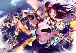 Rule 34 | 1girl, angel, angel wings, ass, bad id, bad pixiv id, blue eyes, breasts, brown hair, cityscape, halo, heart, long hair, nail polish, night, open mouth, original, panties, rozer, socks, solo, striped clothes, striped legwear, striped socks, two side up, underwear, wings