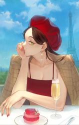 Rule 34 | 1girl, alcohol, bad id, bad twitter id, beret, breasts, brown hair, champagne, cleavage, commentary, eiffel tower, food, green eyes, hat, head tilt, highres, looking at viewer, morry, nail polish, original, pastry, pov, solo, symbol-only commentary