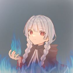 Rule 34 | aquamarinu, black capelet, black dress, blue fire, blunt bangs, braid, capelet, closed mouth, dress, evillious nendaiki, fire, grey background, hair ribbon, highres, hood, hooded capelet, irina clockworker, looking at viewer, pyrokinesis, red eyes, red ribbon, ribbon, twin braids, venomania kou no kyouki (vocaloid), vocaloid, white hair, witch