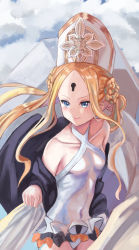 Rule 34 | 1girl, abigail williams (fate), abigail williams (swimsuit foreigner) (fate), abigail williams (swimsuit foreigner) (second ascension) (fate), absurdres, blonde hair, blue eyes, breasts, casual one-piece swimsuit, closed mouth, collarbone, covered navel, criss-cross halter, fate/grand order, fate (series), floating hair, halterneck, highres, kaze 22, long hair, one-piece swimsuit, parted bangs, small breasts, smile, solo, swimsuit, very long hair, white one-piece swimsuit