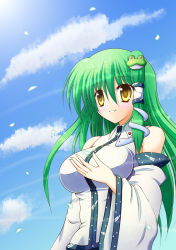 Rule 34 | 1girl, absurdres, breasts, cherry blossoms, cloud, day, detached sleeves, female focus, frog, green hair, highres, kochiya sanae, large breasts, osashin (osada), outdoors, sky, smile, snake, solo, touhou, yellow eyes