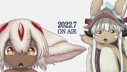 Rule 34 | 1girl, 1other, :3, black skin, brown eyes, colored eyelashes, colored skin, dark-skinned female, dark skin, dot nose, ears through headwear, faputa, furry, green eyes, hair between eyes, hat, highres, looking at viewer, made in abyss, meme, nanachi (made in abyss), open mouth, pointing, rabbit ears, sidelocks, simple background, smugbuns, two soyjaks pointing (meme), whiskers, white background, white hair