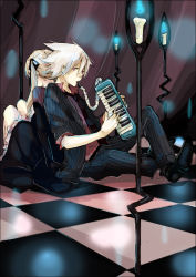 Rule 34 | 00s, 1boy, 1girl, back-to-back, black dress, black pants, blue fire, candle, checkered floor, dress, elbow gloves, fire, floor, formal, gloves, hair ribbon, instrument, katsura miya, keyboard (instrument), maka albarn, melodica, necktie, pants, perspective, pinstripe pattern, red eyes, ribbon, sitting, soul eater, soul evans, striped, suit, twintails, white hair