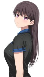 Rule 34 | 1girl, absurdres, bang dream!, bang dream! it&#039;s mygo!!!!!, black shirt, brown hair, closed mouth, from side, frown, hair behind ear, highres, long hair, looking at viewer, mole, mole under eye, noshimurin, purple eyes, shiina taki, shirt, short sleeves, simple background, solo, white background