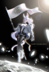 Rule 34 | 1girl, 2023, absurdres, animal ears, banner, bite addict, black bodysuit, bodysuit, boots, breasts, chinese zodiac, flag, floating, highres, holding banner, impossible clothes, jacket, large breasts, long hair, moon, nengajou, new year, original, parted lips, rabbit ears, rabbit girl, science fiction, solo, space, two-tone bodysuit, white bodysuit, white footwear, white hair, white jacket, year of the rabbit, yellow eyes