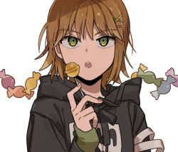 Rule 34 | 1girl, :o, bad id, bad twitter id, black hoodie, brown hair, candy, casual, chupa chups, commentary, drawstring, food, green eyes, hair ornament, hairclip, hand up, holding, holding candy, holding food, holding lollipop, hood, hood down, hoodie, lollipop, long sleeves, looking at viewer, nana 0253, osano rui, short hair, simple background, sleeves past wrists, solo, white background, world trigger, x hair ornament