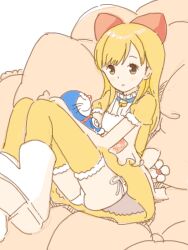 Rule 34 | 1girl, alternate costume, animal, apron, bad drawr id, bad id, bell, blonde hair, blue collar, blush, blush stickers, boots, bow, brown eyes, cat, character doll, closed mouth, collar, couch, doraemon, doraemon (character), dorami, dress, flower, foot out of frame, frills, hair bow, jingle bell, kokudou juunigou, long hair, looking at viewer, neck bell, oekaki, panties, pantyshot, personification, pillow, puffy short sleeves, puffy sleeves, red bow, shoe soles, short sleeves, side-tie panties, simple background, sitting, sketch, solo, thighhighs, underwear, white apron, white background, white flower, white footwear, white panties, yellow dress, yellow thighhighs