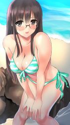 Rule 34 | 1girl, :d, aqua bikini, beach, bikini, black eyes, black hair, breasts, cleavage, day, glasses, hands on own knees, highres, large breasts, leaning forward, looking at viewer, miracle hoshi, morikawa mio, navel, open mouth, original, outdoors, side-tie bikini bottom, smile, solo, standing, striped bikini, striped clothes, swimsuit