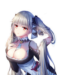 Rule 34 | 1girl, azur lane, between breasts, black dress, black ribbon, breasts, cleavage, closed mouth, detached collar, dress, earrings, formidable (azur lane), hair ribbon, highres, holding, holding hair, jewelry, large breasts, long hair, looking at viewer, meng xiao jiong, red eyes, ribbon, silver hair, simple background, solo, twintails, two-tone dress, two-tone ribbon, white background, white dress, white ribbon