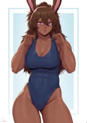 Rule 34 | 1girl, abs, absurdres, adjusting clothes, adjusting swimsuit, animal ears, blue one-piece swimsuit, breasts, brown hair, cleavage, closed mouth, collarbone, commentary, commission, contrapposto, covered abs, cowboy shot, dark-skinned female, dark skin, english commentary, gluteal fold, groin, hair between eyes, highres, large breasts, long hair, looking down, muscular, muscular female, one-piece swimsuit, original, pixiv commission, purple eyes, rabbit ears, rabbit girl, signature, solo, speedl00ver, swimsuit, thick thighs, thighs, very dark skin