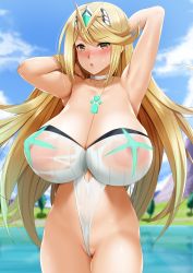 Rule 34 | 1girl, armpits, arms behind head, arms up, blonde hair, blush, breasts, cleavage, competition swimsuit, earrings, gem, hair ornament, headpiece, highres, huge breasts, janong, jewelry, large areolae, large nipples, long hair, looking at viewer, mythra (xenoblade), nipples, one-piece swimsuit, open mouth, see-through, shiny skin, simple background, solo, standing, swept bangs, swimsuit, tiara, very long hair, xenoblade chronicles (series), xenoblade chronicles 2, yellow eyes