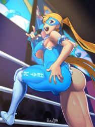Rule 34 | 1girl, alternate costume, ass, ass cutout, asymmetrical ass, asymmetrical ass cutout, asymmetrical clothes, blonde hair, blue eyes, bodysuit, boots, breasts, capcom, clothing cutout, crowd, domino mask, frills, half ass, highres, huge breasts, knee boots, knee pads, lilirulu, long hair, mask, microphone, one eye closed, rainbow mika, revealing clothes, single pantsleg, single sleeve, solo, street fighter, street fighter v, thick thighs, thighs, twintails, underboob, underboob cutout, wrestling outfit, wrestling ring
