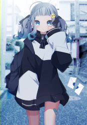 Rule 34 | 1girl, :&lt;, absurdres, ahoge, backpack, bag, bandaid, bandaid on leg, black jacket, blue eyes, blurry, blurry background, blush, closed mouth, commentary request, day, depth of field, emoji, emoticon, envelope, grey hair, hair ornament, hand up, heart, highres, jacket, letter, long sleeves, looking at viewer, love letter, original, outdoors, pleading face emoji, puffy long sleeves, puffy sleeves, sapphire (sapphire25252), sleeves past fingers, sleeves past wrists, solo, standing, tears, twintails