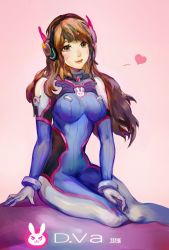 Rule 34 | 1girl, animal print, blue bodysuit, bodysuit, breasts, brown eyes, brown hair, character name, d.va (overwatch), dated, emblem, facepaint, facial mark, gloves, gradient background, headphones, heart, high collar, highres, light smile, lips, long hair, looking at viewer, md5 mismatch, medium breasts, overwatch, overwatch 1, pilot suit, pink background, pink lips, rabbit print, re21, resolution mismatch, ribbed bodysuit, shoulder pads, sitting, skin tight, solo, source larger, spoken heart, swept bangs, whisker markings, white gloves