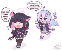 Rule 34 | +++, 2girls, ahoge, backpack, bag, bag charm, black hair, black jacket, black pantyhose, blue archive, blue footwear, blue hair, blush, bren lmg, charm (object), chibi, commentary, crop top, english commentary, english text, flying sweatdrops, grey shirt, grey skirt, gun, hair ornament, halo, holding, hood, hood down, hooded jacket, jacket, kazusa (blue archive), kurotofu, light machine gun, long hair, long sleeves, low twintails, midriff, multicolored hair, multiple girls, navel, nose blush, open clothes, open jacket, pantyhose, pink hair, pleated skirt, puffy long sleeves, puffy sleeves, purple footwear, reisa (blue archive), running, shadow, shirt, shoes, short eyebrows, signature, simple background, skirt, star (symbol), star hair ornament, stuffed animal, stuffed cat, stuffed toy, thick eyebrows, twintails, two-tone hair, very long hair, weapon, white background, white skirt