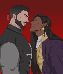 Rule 34 | 2boys, ascot, bara, beard, black hair, buzz cut, castlevania (series), castlevania: nocturne, dark-skinned male, dark skin, expressionless, eye contact, facial hair, from side, frown, half-closed eyes, highres, large pectorals, leaning forward, long hair, looking at another, male focus, mature male, mizrak (castlevania), multiple boys, muscular, muscular male, olrox, pectorals, pointy ears, priest, profile, red background, sai (cyborrrg), short hair, sideburns, thick eyebrows, thick mustache, upper body, vampire, very short hair, yaoi