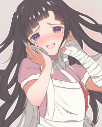 Rule 34 | 1girl, :3, :d, absurdres, apron, aroused, bandaged arm, bandages, black hair, blunt bangs, blunt ends, blush, commentary request, danganronpa (series), danganronpa 2: goodbye despair, eyelashes, floating hair, furrowed brow, grey background, hands on own cheeks, hands on own face, hands up, head tilt, highres, long hair, looking at viewer, mole, mole under eye, nose blush, nurse, open mouth, pink shirt, purple eyes, shirt, short sleeves, simple background, smile, solo, straight hair, taku hanamiyap, teeth, tsumiki mikan, upper body, upper teeth only, very long hair, white apron
