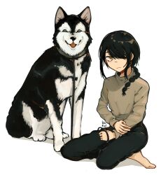 Rule 34 | 1girl, artist name, black hair, black pants, blupixl, braid, braided ponytail, chainsaw man, grey sweater, hair over one eye, highres, holding, holding leash, husky, leash, looking at viewer, medium hair, nayuta (chainsaw man), pants, ringed eyes, seiza, simple background, sitting, sweater, white background, yellow eyes
