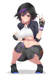 Rule 34 | 1girl, artist name, bad id, bad pixiv id, big hero 6, black gloves, black hair, breasts, brown eyes, blowing bubbles, chewing gum, fingerless gloves, full body, gloves, gogo tomago, highres, multicolored hair, purple hair, short hair, simple background, solo, squatting, stormcow, two-tone hair, underboob, v, white background