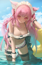 Rule 34 | 1girl, :o, animal ears, arm garter, bare shoulders, bikini, black thighhighs, blue sky, blush, breasts, cat ears, cat girl, cat tail, cloud, commentary, commission, day, final fantasy, final fantasy xiv, frilled bikini, frills, hand in own hair, hand up, highres, horizon, long hair, maid, maid headdress, medium breasts, metatarou, miqo&#039;te, navel, ocean, outdoors, pink eyes, pink hair, skeb commission, sky, solo, stomach, swimsuit, tail, thighhighs, unconventional maid, wading, warrior of light (ff14), wrist cuffs