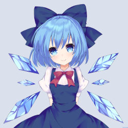 Rule 34 | 1girl, arms behind back, bad id, bad pixiv id, blue dress, blue eyes, blue hair, blush, bow, cirno, commentary request, derivative work, dress, hair bow, head tilt, ice, ice wings, looking at viewer, pinafore dress, puffy short sleeves, puffy sleeves, short hair, short sleeves, simple background, sleeveless dress, smile, solo, sutorea, touhou, wings