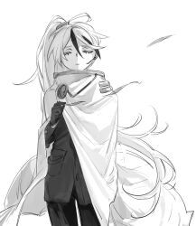 Rule 34 | 1boy, ahoge, cape, closed eyes, closed mouth, cowboy shot, earpiece, gloves, greyscale, highres, jacket, library of ruina, long hair, long sleeves, microphone, monochrome, multicolored hair, pants, project moon, side ponytail, simple background, solo, streaked hair, very long hair, white-trick, white background, yan vismok