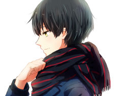 Rule 34 | 1boy, artist request, bad id, bad pixiv id, black hair, closed mouth, kyoukai no kanata, looking away, male focus, nase hiroomi, profile, red scarf, scarf, short hair, simple background, smile, solo, white background, yellow eyes