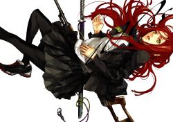 Rule 34 | 1girl, black pantyhose, gun, kazuaki, pantyhose, red hair, school uniform, serafuku, solo, sword, weapon