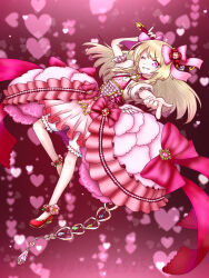 Rule 34 | 1girl, ;d, blonde hair, bloomers, chaos marie (grimms notes), cleavage cutout, clothing cutout, dress, frilled dress, frills, grimms notes, grin, heart, heart-shaped pupils, holding, holding weapon, jewelry, long hair, miyaperi 25252, necklace, one eye closed, open mouth, pendant, pink background, pink eyes, puffy short sleeves, puffy sleeves, red footwear, shoes, short sleeves, smile, solo, symbol-shaped pupils, teeth, underwear, wand, weapon