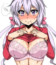 Rule 34 | 10s, 1girl, blush, bra, breasts, cleavage, clothes lift, collarbone, embarrassed, female focus, hair ribbon, highres, kitsune-tsuki (getter), large breasts, light purple hair, long hair, low twintails, pink bra, purple eyes, red shirt, ribbon, senki zesshou symphogear, shirt, shirt lift, silver hair, simple background, sketch, smile, solo, twintails, underwear, upper body, yukine chris