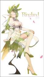 Rule 34 | 1girl, alios arvin, arm support, boots, breasts, cleavage, commentary, copyright name, dress, english commentary, facing viewer, full body, green hair, green thighhighs, hand on own leg, high heel boots, high heels, highres, juliet sleeves, knee up, large breasts, long hair, long sleeves, nail polish, orange nails, original, petals, plunging neckline, puffy sleeves, shoe soles, simple background, sitting, smile, solo, thigh boots, thighhighs, white background, white blindfold, white dress, white footwear, white thighhighs