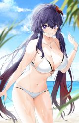 Rule 34 | 1girl, bad id, bad pixiv id, bangle, beach, bikini, blurry, blurry foreground, blush, bracelet, breasts, cleavage, cloud, collarbone, cowboy shot, dorook, flower, grin, hair between eyes, hair flower, hair ornament, highres, jewelry, large breasts, leaning forward, long hair, midriff, multicolored hair, navel, necklace, ocean, original, parted lips, purple eyes, purple hair, red hair, sand, sky, smile, stomach, swimsuit, thong, twintails, two-tone hair, waving, white bikini