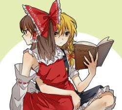 Rule 34 | 2girls, absurdres, aihara-rina, black skirt, blonde hair, blush, book, bow, braid, brown eyes, brown hair, chest sarashi, chinese commentary, closed mouth, commentary request, detached sleeves, frilled bow, frilled hair tubes, frills, hair bow, hair tubes, hakurei reimu, highres, holding, holding book, kirisame marisa, long hair, multiple girls, no headwear, open book, reading, red bow, red skirt, ribbon-trimmed sleeves, ribbon trim, sarashi, short sleeves, side braid, single braid, sitting, skirt, skirt set, touhou, yellow eyes, yuri