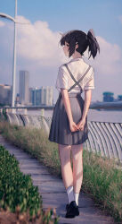 Rule 34 | 1girl, absurdres, arms behind back, black eyes, black footwear, black hair, closed mouth, collared shirt, commentary, duzizai, from behind, grey skirt, hair ornament, hair tie, hairclip, highres, loafers, looking at viewer, original, photo background, pleated skirt, ponytail, shirt, shoes, short hair, short sleeves, sidelocks, skirt, socks, solo, standing, suspender skirt, suspenders, white shirt, white socks