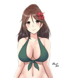 Rule 34 | 10s, 1girl, amagi (kancolle), arms at sides, bare shoulders, breasts, brown eyes, brown hair, cleavage, eyebrows, flower, flower on head, hair between eyes, hair flower, hair ornament, halterneck, halterneck, hayabusa, hibiscus, highres, kantai collection, large breasts, light smile, lips, long hair, looking at viewer, midriff, mole, mole under eye, navel, ponytail, solo, stomach, upper body
