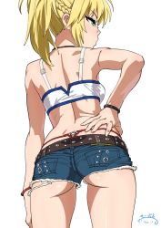 Rule 34 | 1girl, aqua eyes, ass, bangle, bare shoulders, belt, blonde hair, bracelet, braid, breasts, cowboy shot, crop top, cutoffs, denim, denim shorts, fate/apocrypha, fate (series), french braid, from behind, g-string, gluteal fold, green eyes, hand on own hip, heart, heart-ring bottom, high ponytail, jewelry, looking away, looking to the side, micro shorts, midriff, mordred (fate), mordred (fate/apocrypha), mordred (memories at trifas) (fate), panties, ponytail, red panties, short shorts, shorts, solo, standing, suna (sandworks), tank top, thong, underwear, whale tail (clothing), white tank top