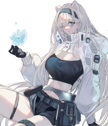 Rule 34 | 1girl, absurdres, animal ears, arknights, aurora (arknights), aurora (elite ii) (arknights), bear ears, belt, belt pouch, black gloves, black hairband, black shirt, black shorts, blue eyes, blue flower, blush, breasts, cleavage, closed mouth, crop top, echj, eyebrows hidden by hair, eyes visible through hair, flower, gloves, hair ornament, hair over one eye, hairband, hairclip, highres, infection monitor (arknights), large breasts, long hair, long sleeves, navel, pouch, puffy long sleeves, puffy sleeves, see-through, shirt, short shorts, shorts, shrug (clothing), silver hair, simple background, sitting, solo, stomach, thigh strap, thighlet, very long hair, white background